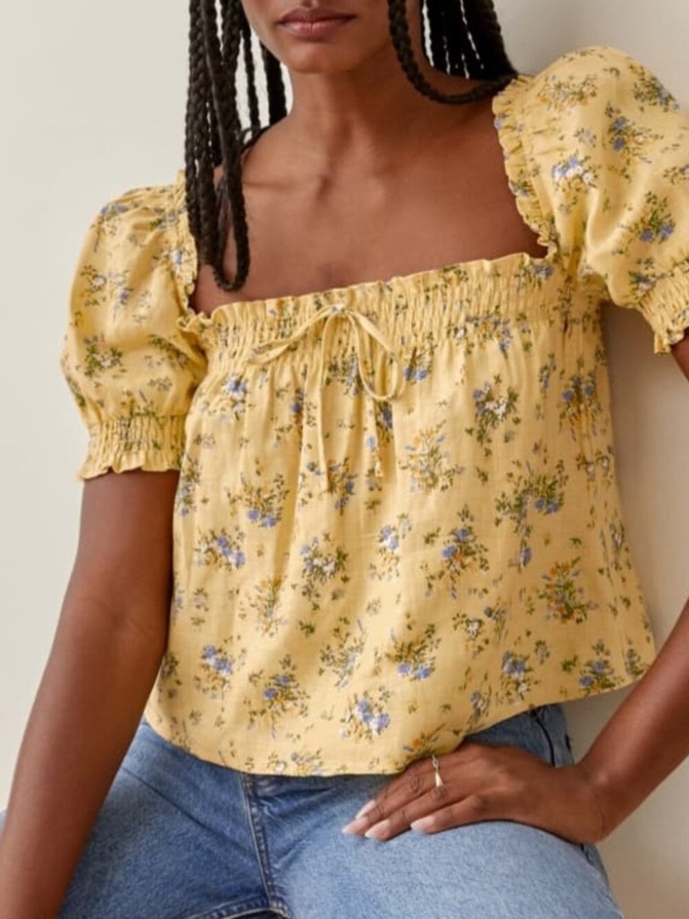 Reformation Brinley Linen Top Yellow Floral XS Square Neck Puff Sleeve